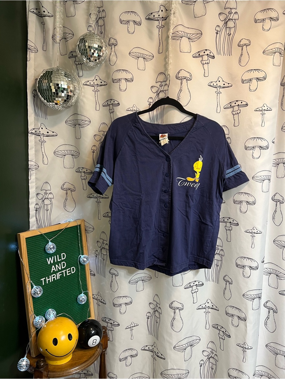 Vintage Tweety Bird Looney Tunes Navy Button Down Shirt Y2K 90s Cartoon